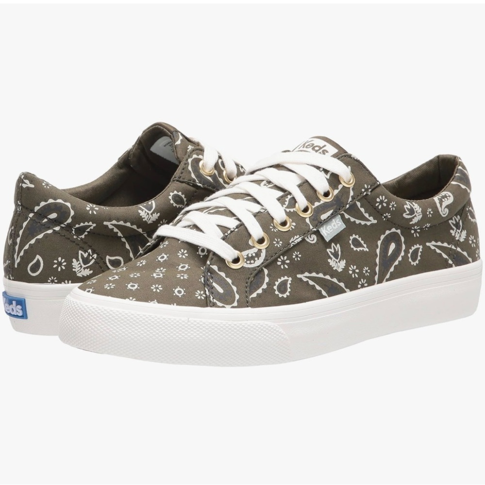 Keds JUMP KICK Organic Cotton Sneakers Women Olive Green Paisley Bandana US8